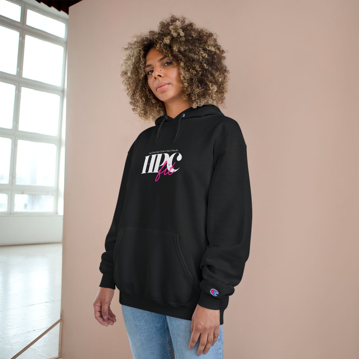 HPC FIT Champion Hoodie — HBCU Femme Graphic Hoodie (white, pink & black)
