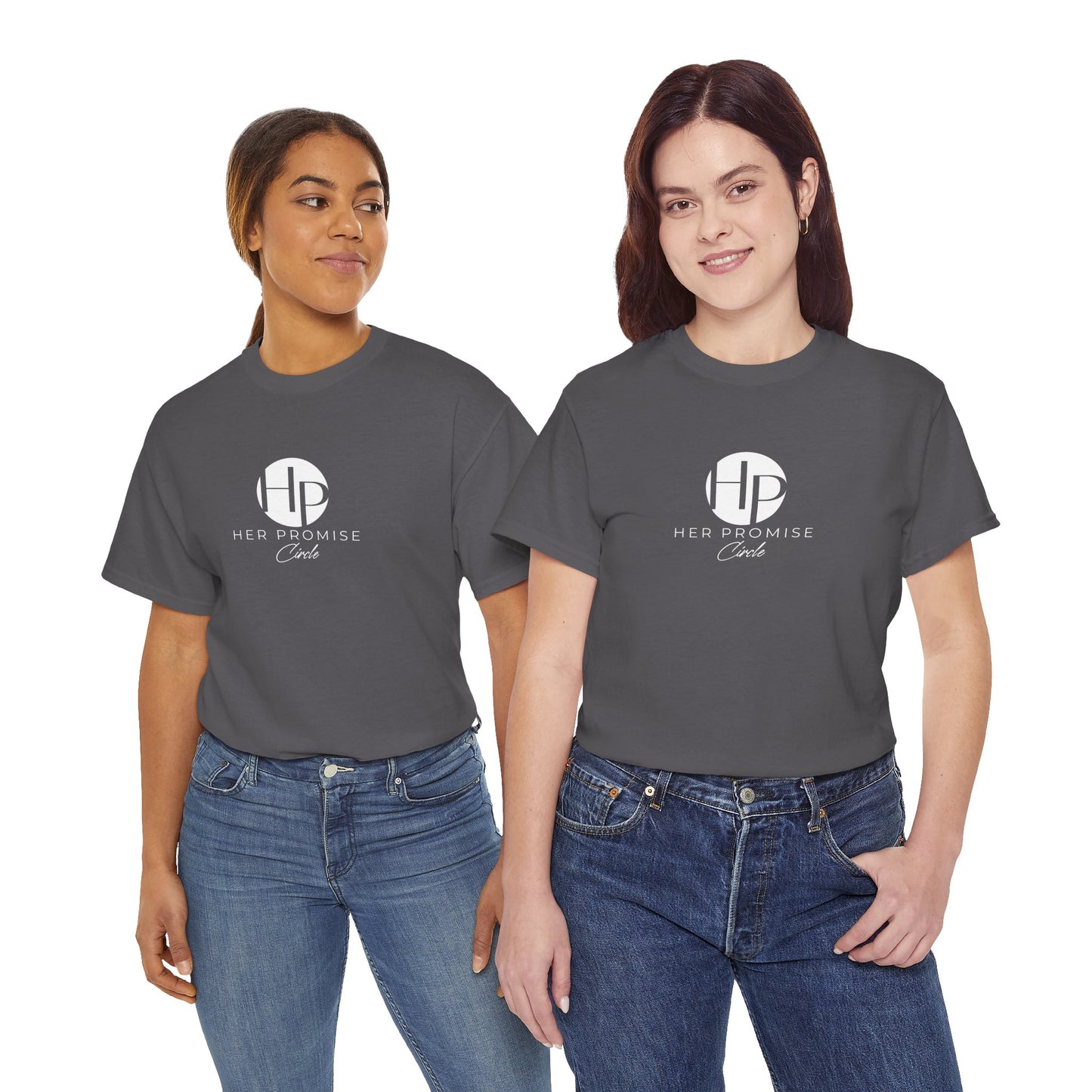 Her Promise Circle Color Logo Tee — Minimalist White Graphic T-Shirt