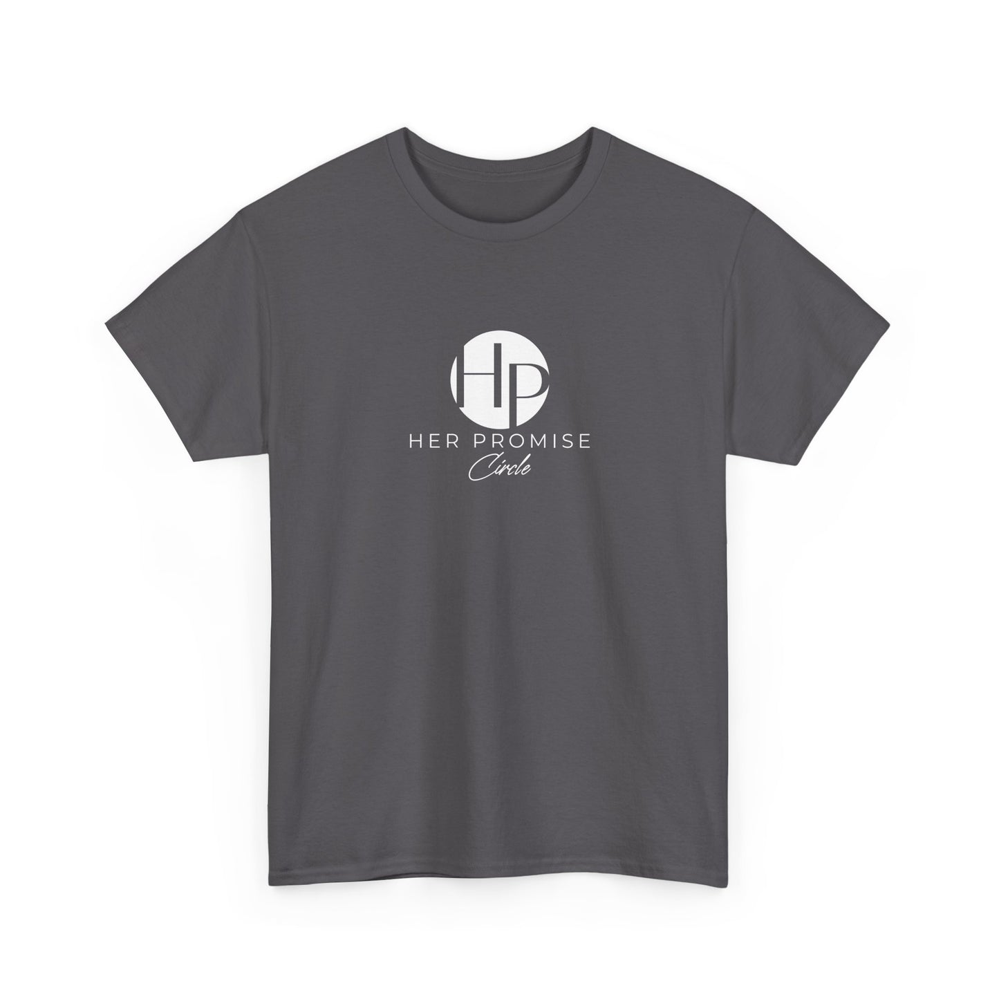 Her Promise Circle Color Logo Tee — Minimalist White Graphic T-Shirt