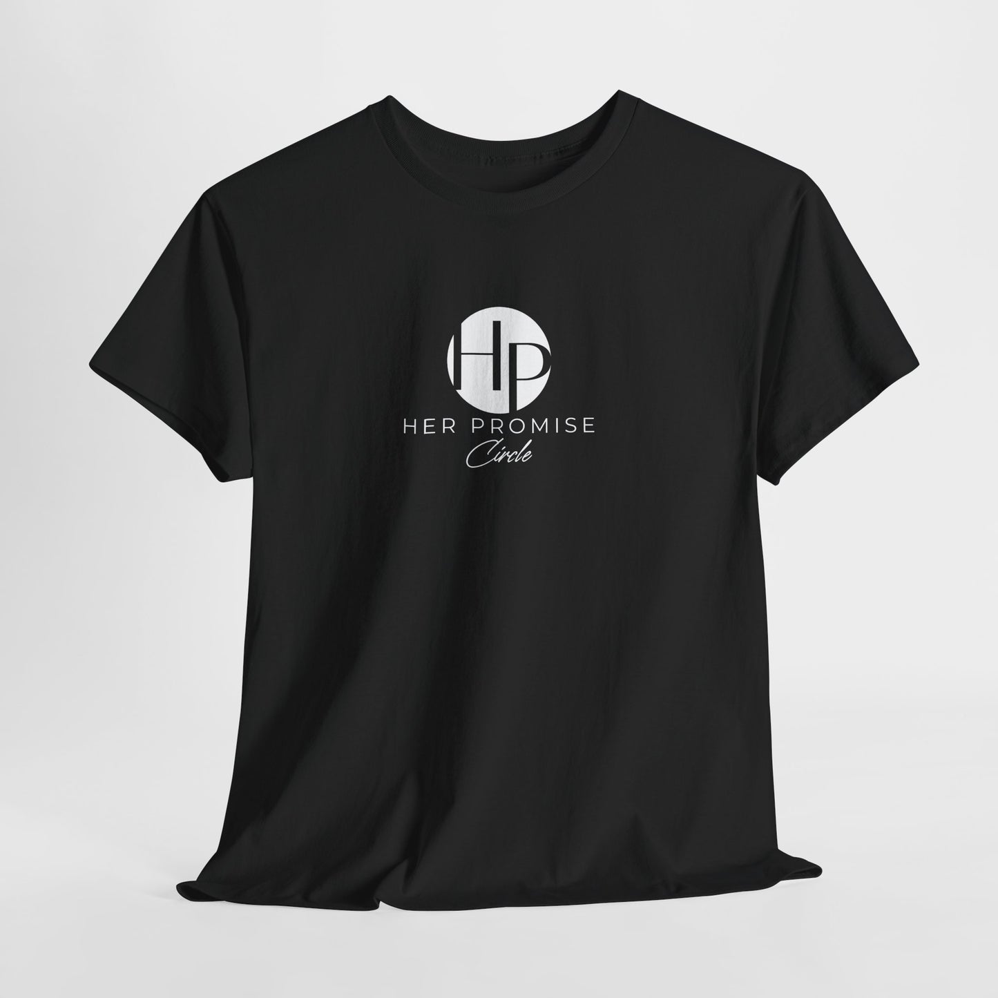 Her Promise Circle Color Logo Tee — Minimalist White Graphic T-Shirt
