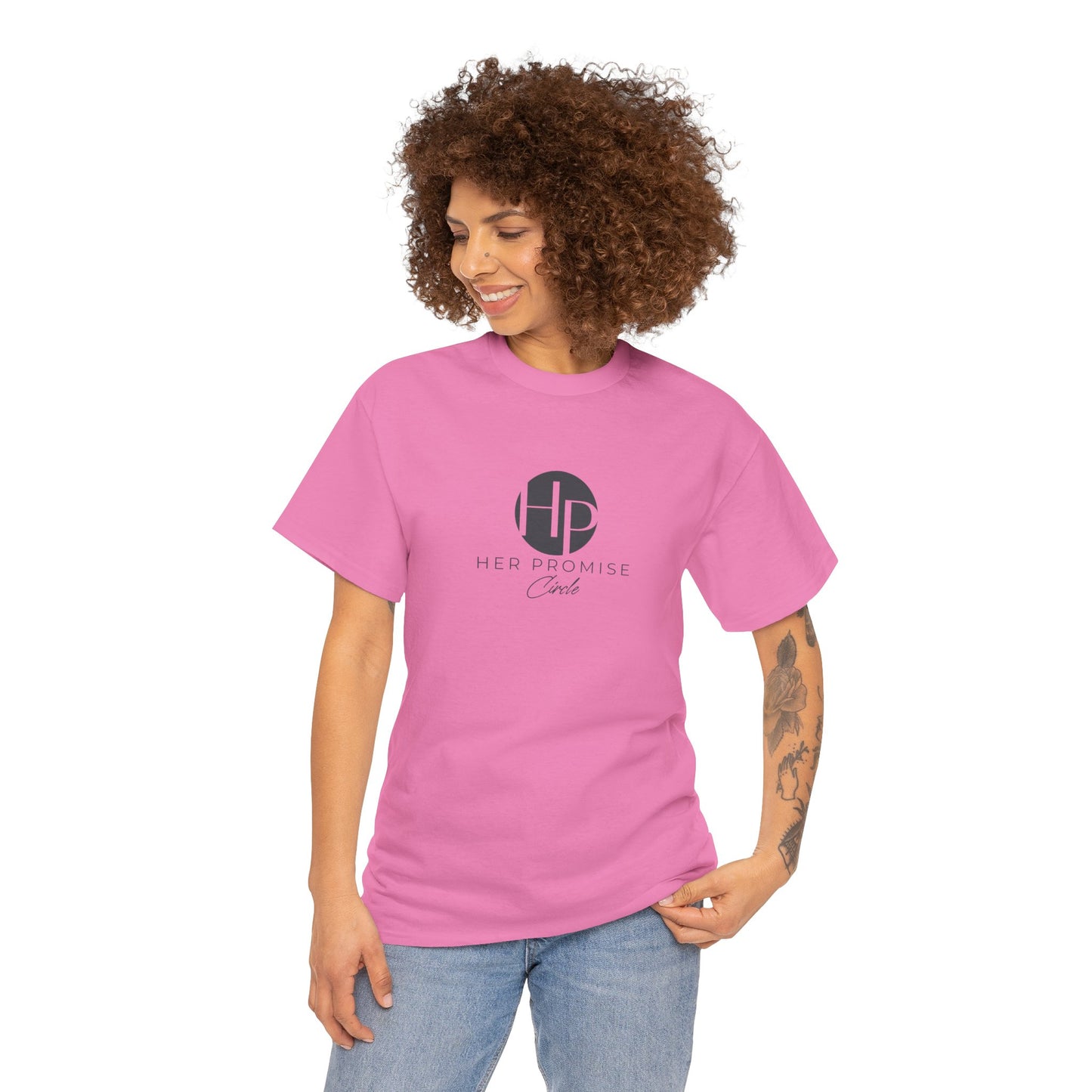Her Promise Circle Color Logo Tee — Minimalist White Graphic T-Shirt