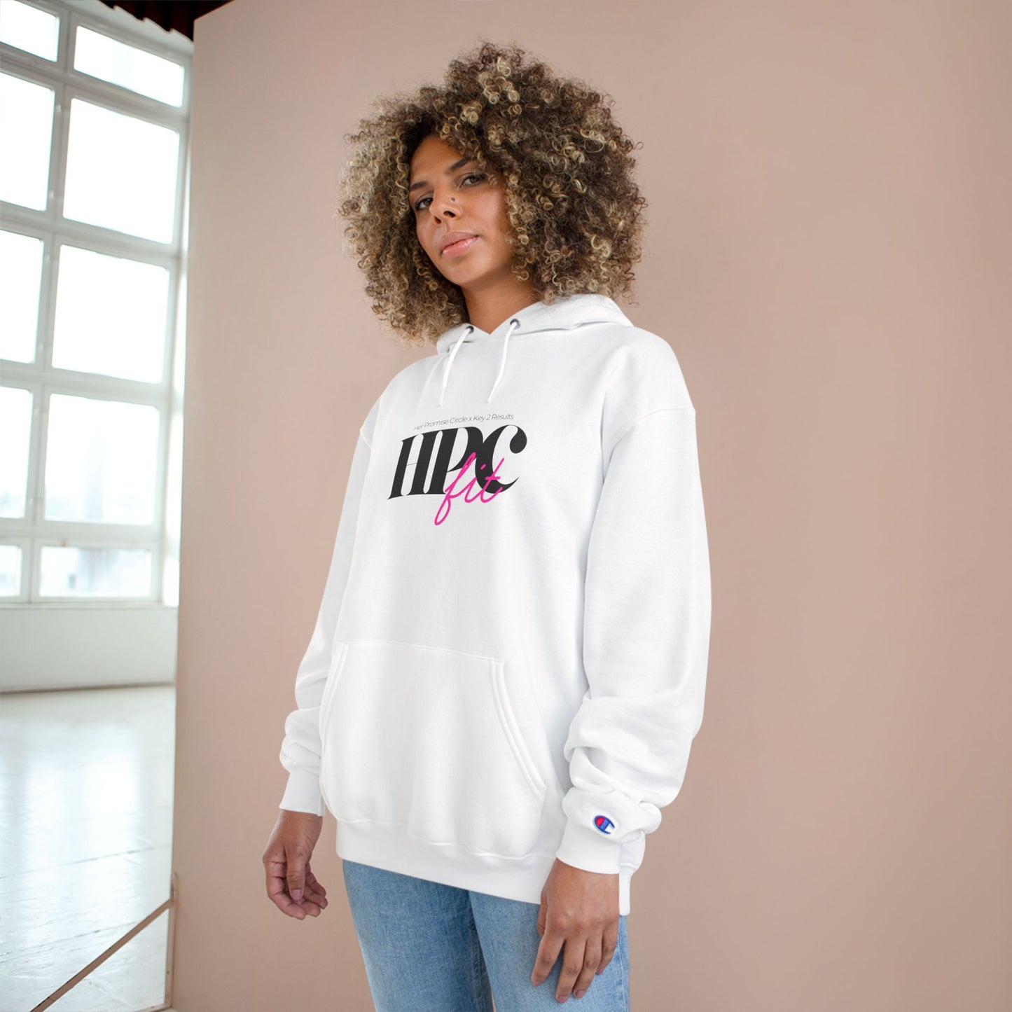 HPC FIT Champion Hoodie — HBCU Femme Graphic Hoodie (white, pink & black)