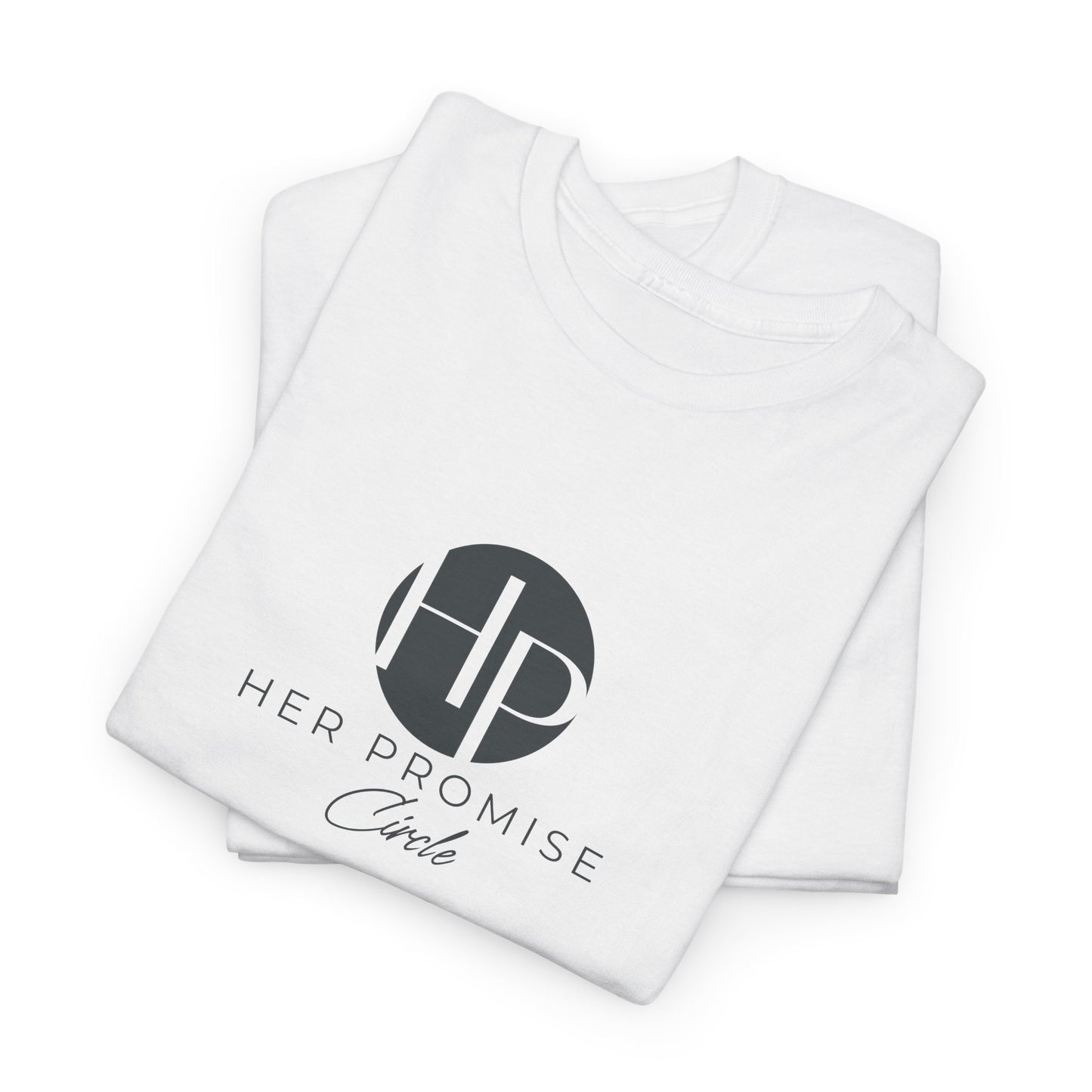Her Promise Circle Color Logo Tee — Minimalist White Graphic T-Shirt