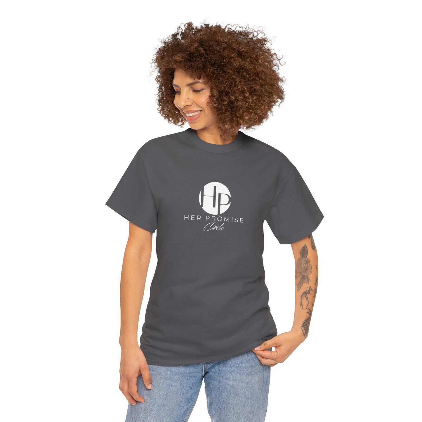 Her Promise Circle Color Logo Tee — Minimalist White Graphic T-Shirt