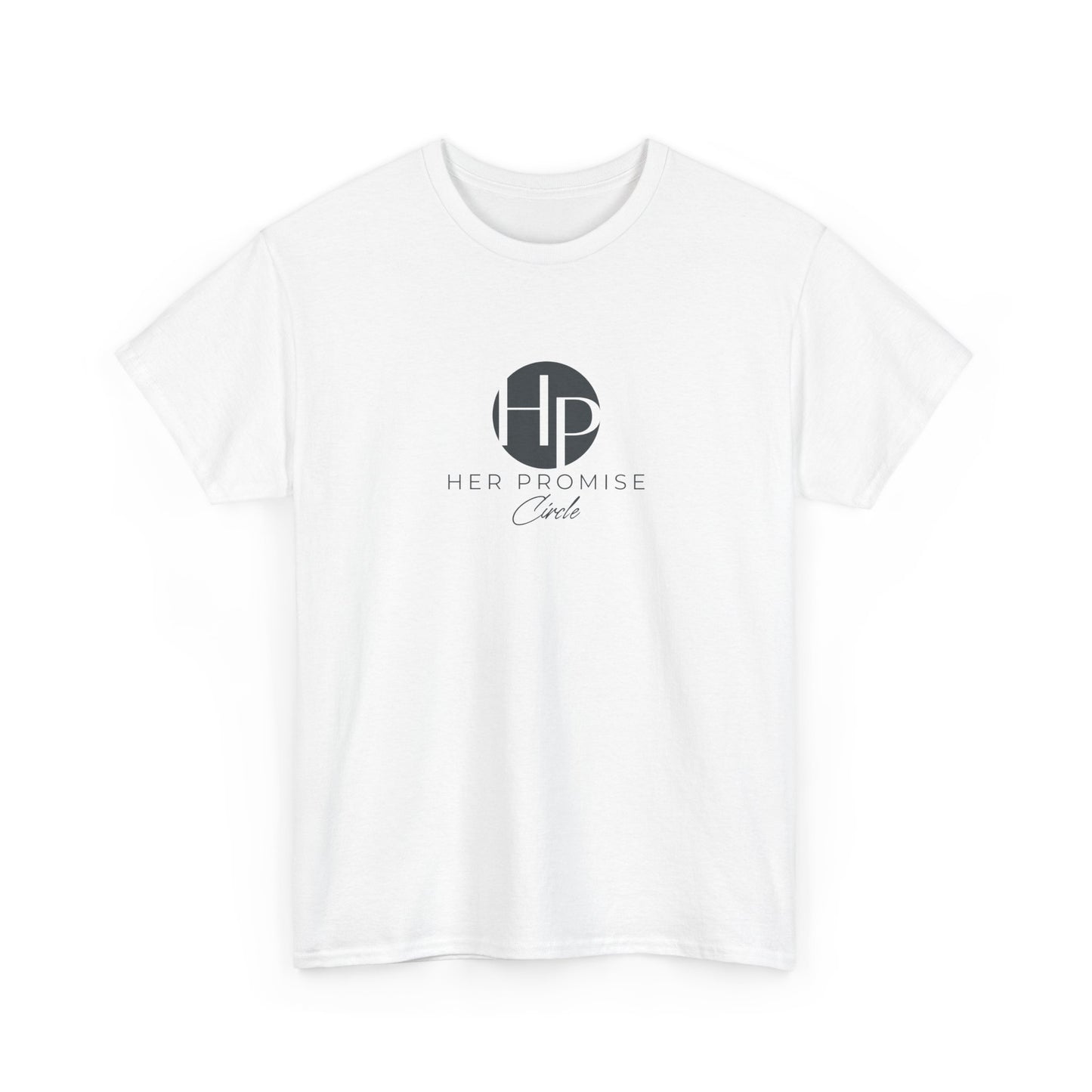 Her Promise Circle Color Logo Tee — Minimalist White Graphic T-Shirt