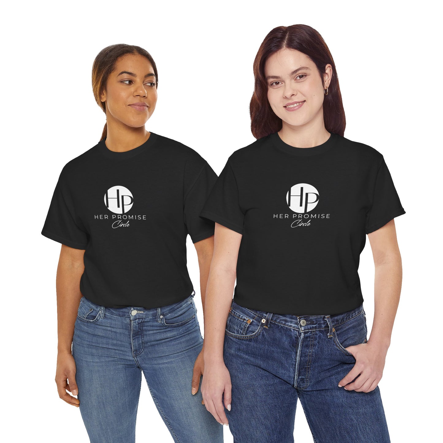 Her Promise Circle Color Logo Tee — Minimalist White Graphic T-Shirt