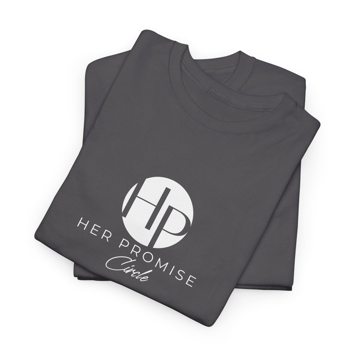 Her Promise Circle Color Logo Tee — Minimalist White Graphic T-Shirt