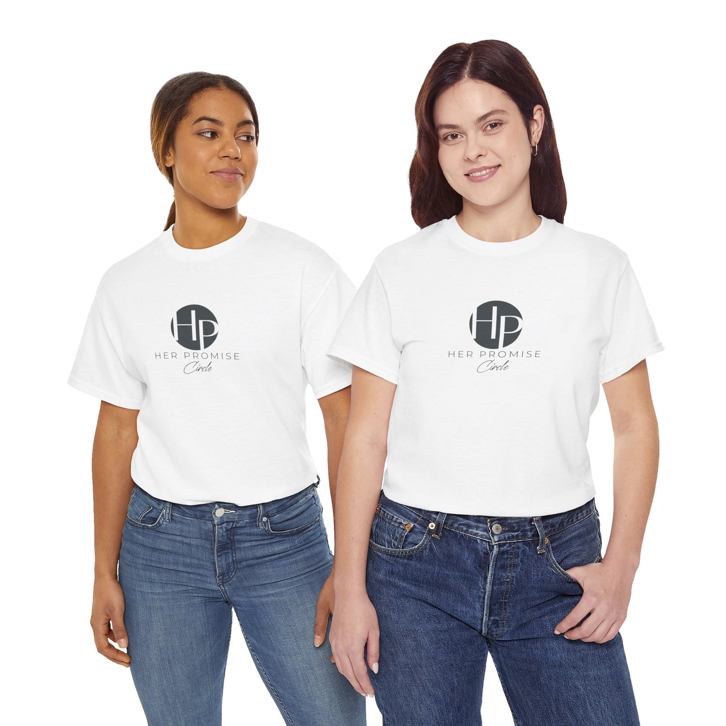 Her Promise Circle Color Logo Tee — Minimalist White Graphic T-Shirt