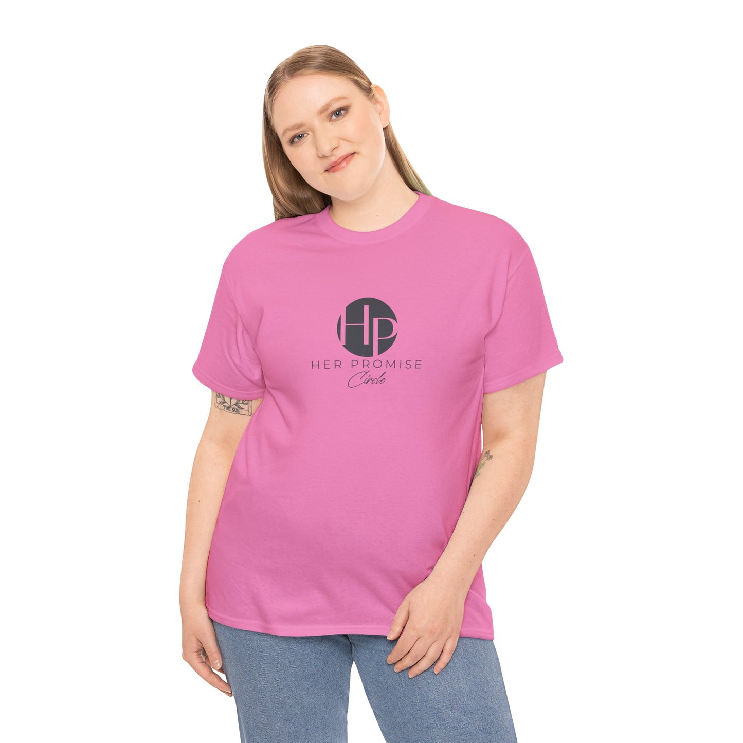 Her Promise Circle Color Logo Tee — Minimalist White Graphic T-Shirt