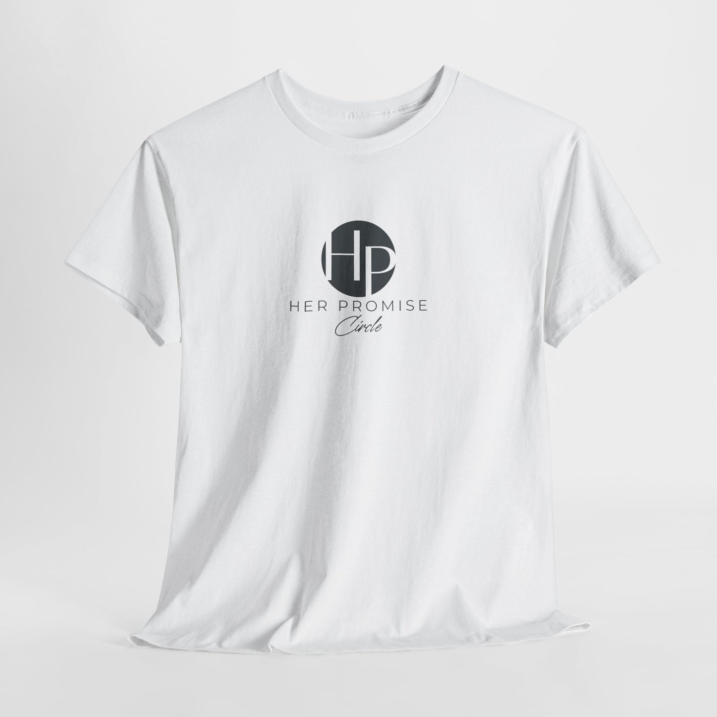 Her Promise Circle Color Logo Tee — Minimalist White Graphic T-Shirt
