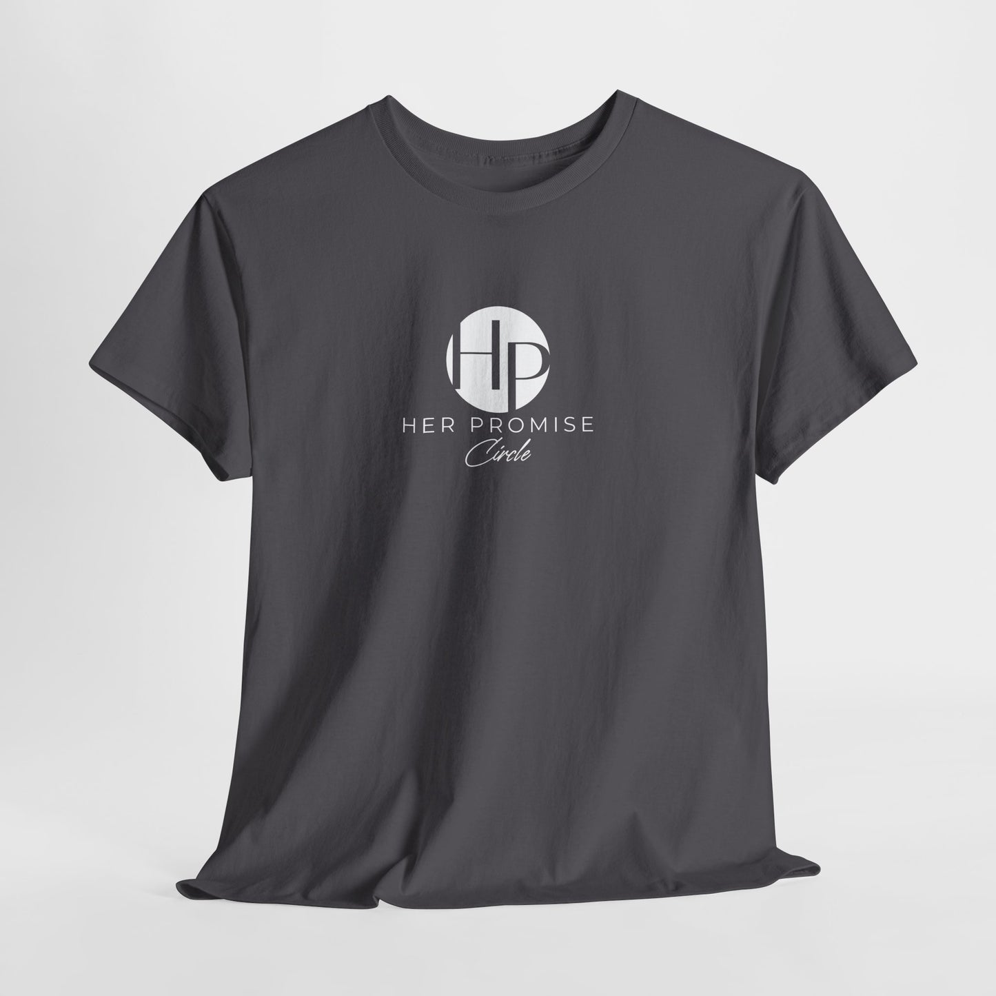 Her Promise Circle Color Logo Tee — Minimalist White Graphic T-Shirt