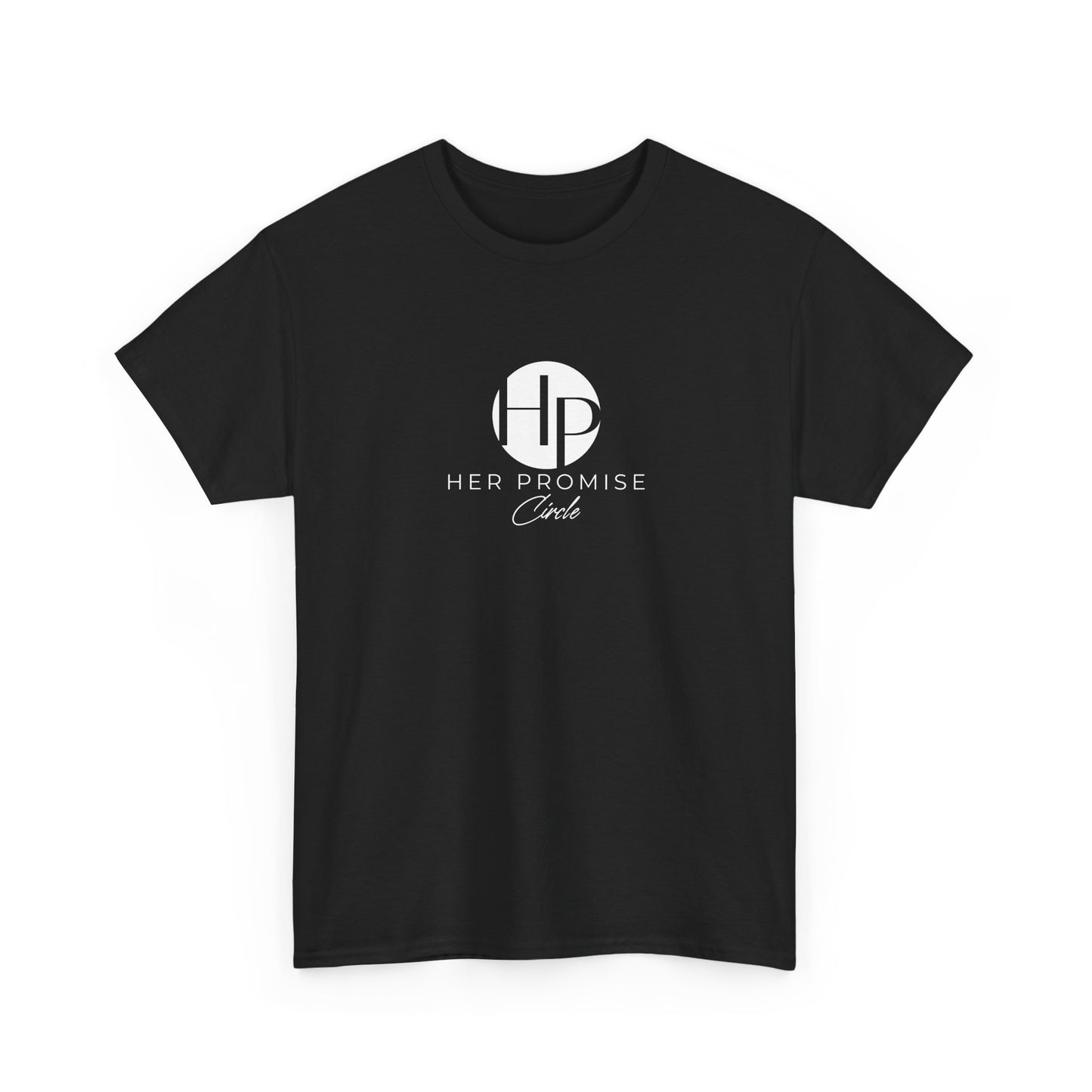 Her Promise Circle Color Logo Tee — Minimalist White Graphic T-Shirt