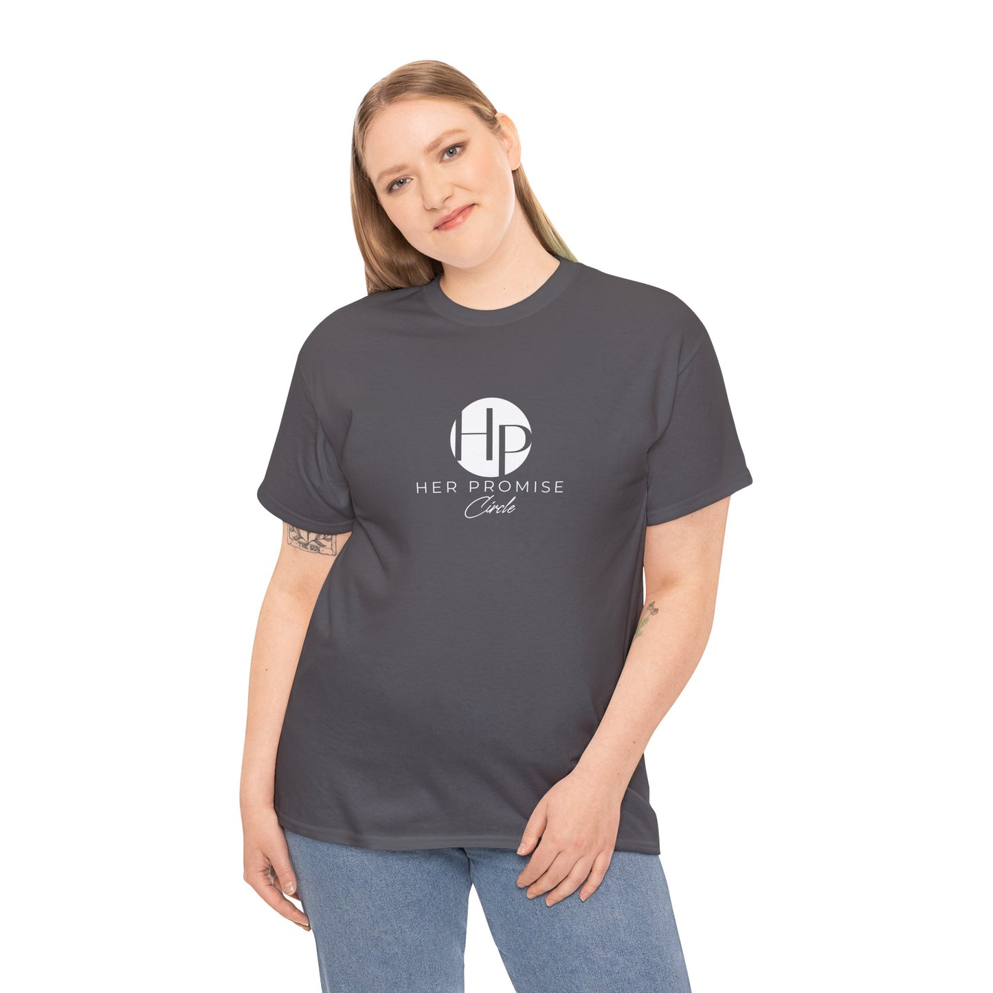 Her Promise Circle Color Logo Tee — Minimalist White Graphic T-Shirt