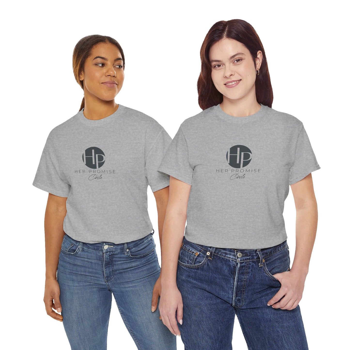 Her Promise Circle Color Logo Tee — Minimalist White Graphic T-Shirt