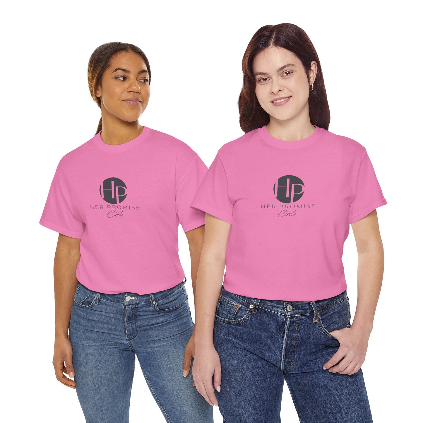Her Promise Circle Color Logo Tee — Minimalist White Graphic T-Shirt