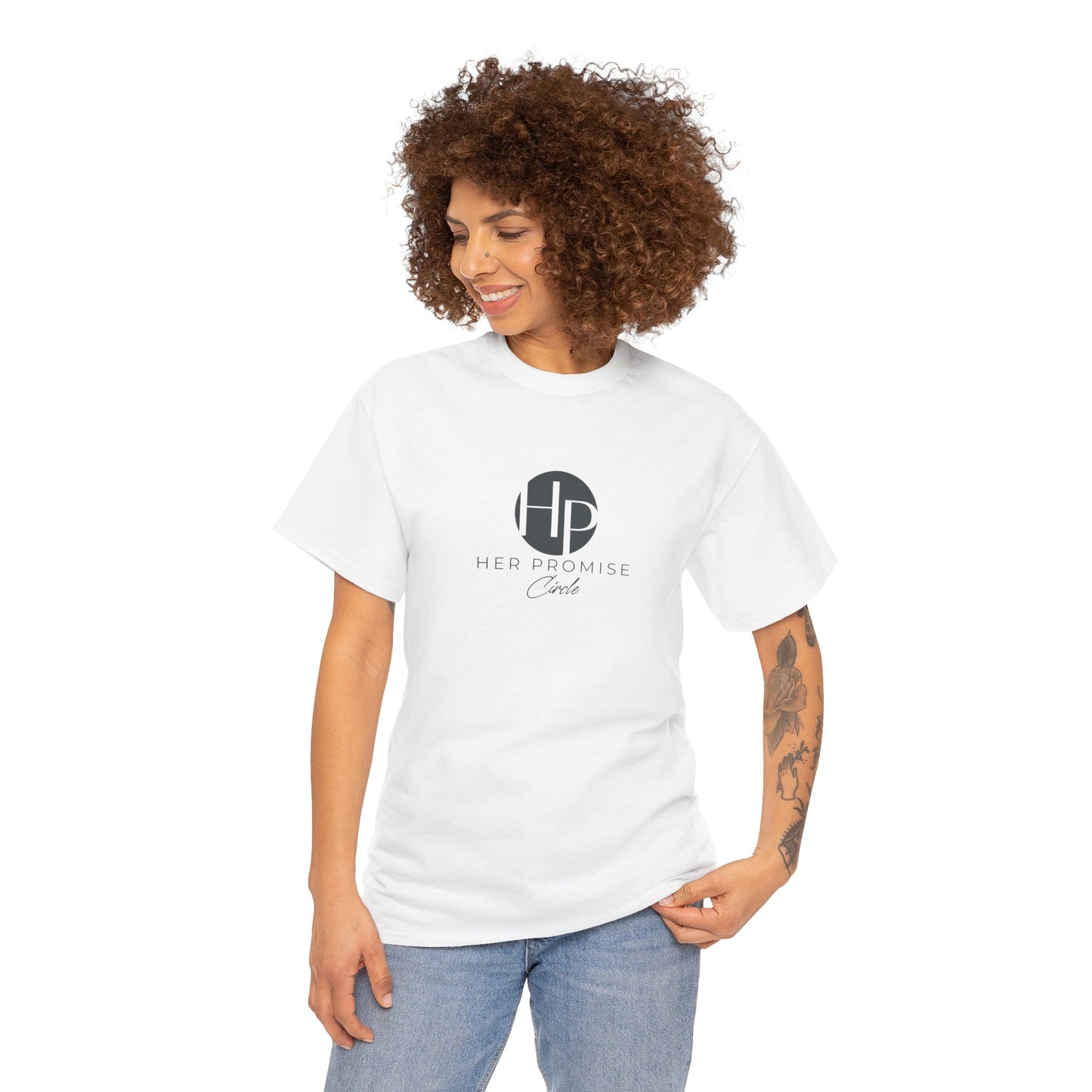 Her Promise Circle Color Logo Tee — Minimalist White Graphic T-Shirt