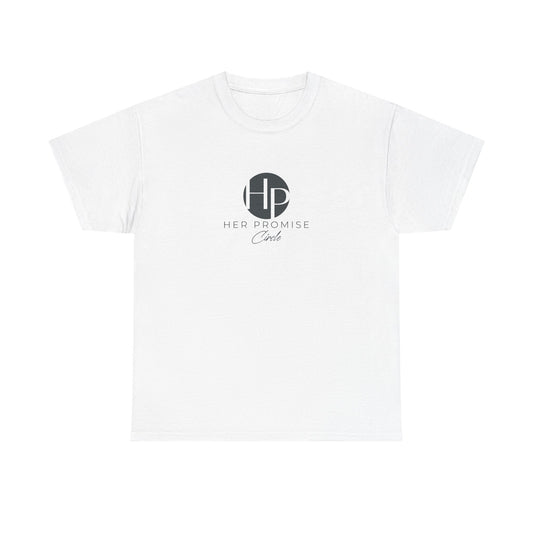 Her Promise Circle Color Logo Tee — Minimalist White Graphic T-Shirt