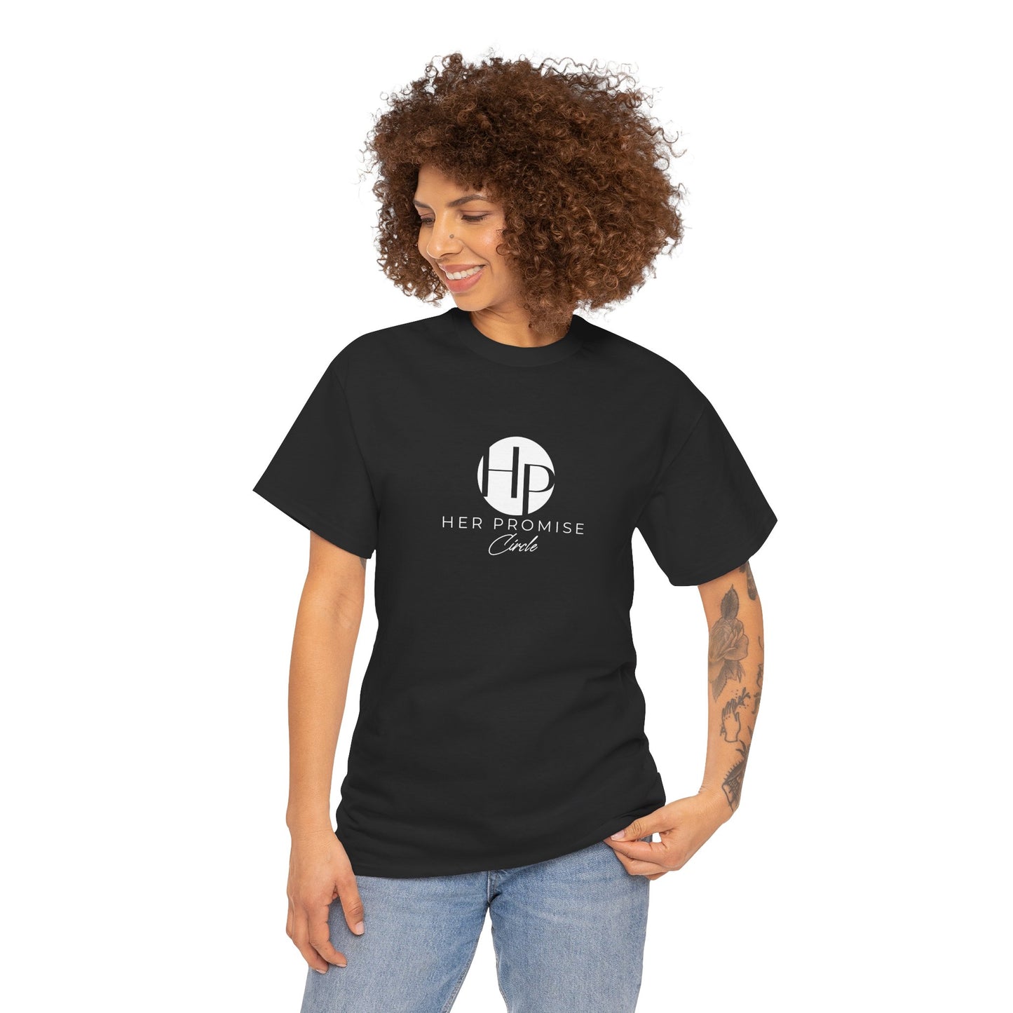 Her Promise Circle Color Logo Tee — Minimalist White Graphic T-Shirt