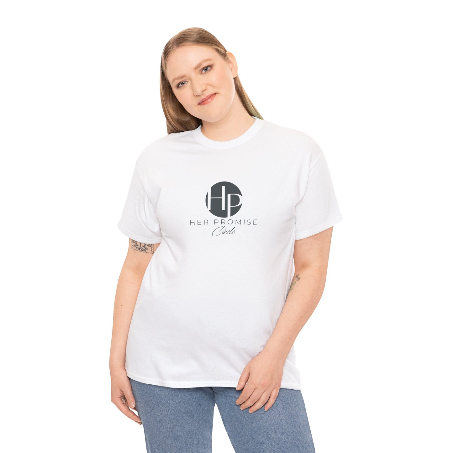 Her Promise Circle Color Logo Tee — Minimalist White Graphic T-Shirt