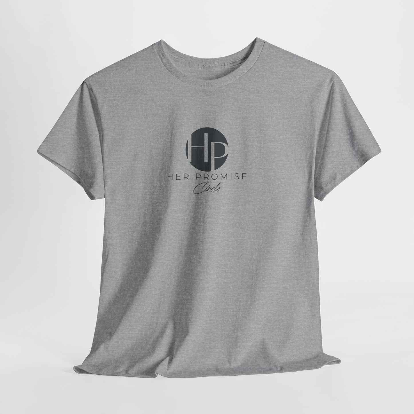 Her Promise Circle Color Logo Tee — Minimalist White Graphic T-Shirt