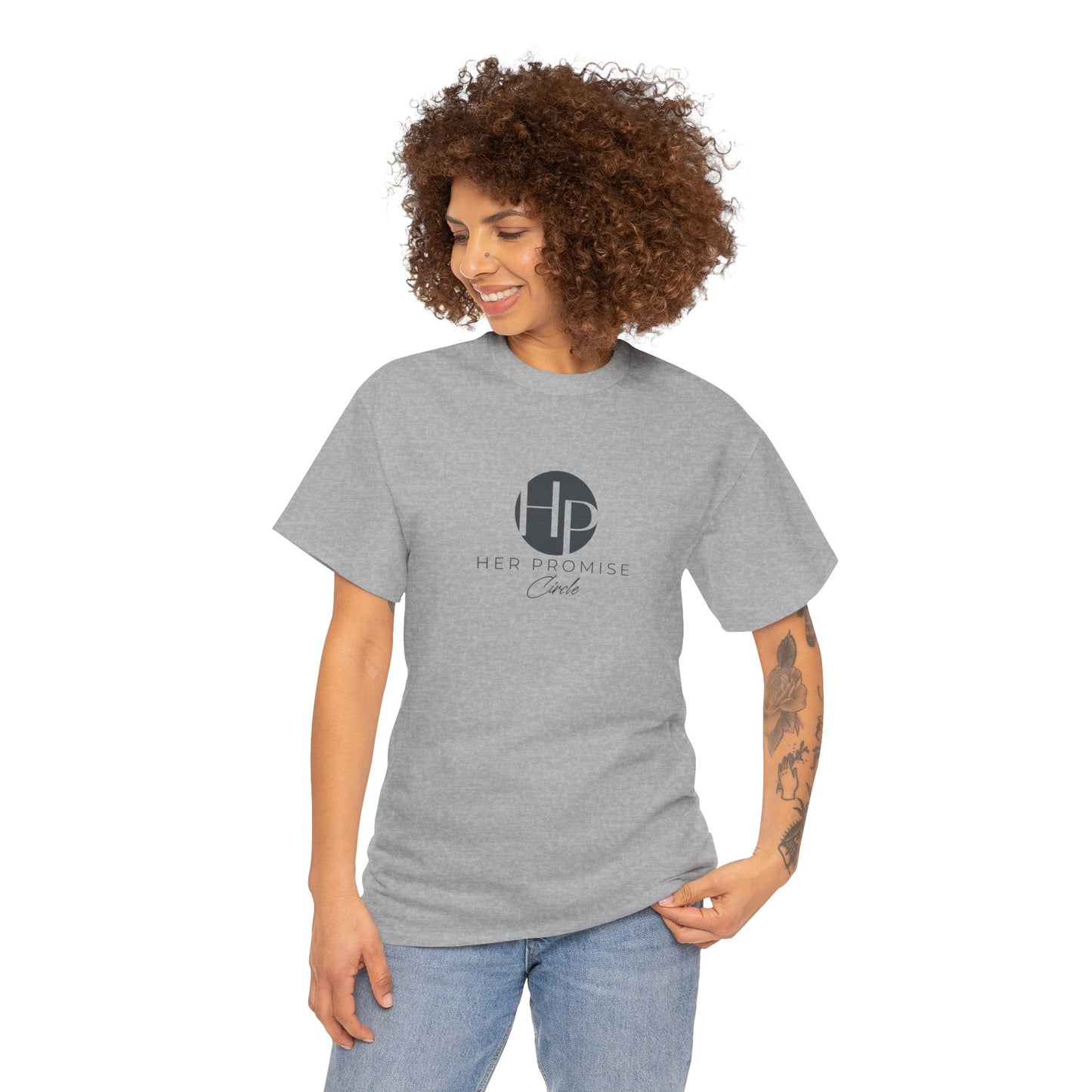Her Promise Circle Color Logo Tee — Minimalist White Graphic T-Shirt
