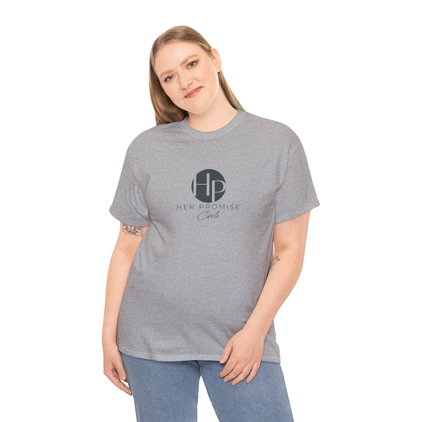 Her Promise Circle Color Logo Tee — Minimalist White Graphic T-Shirt