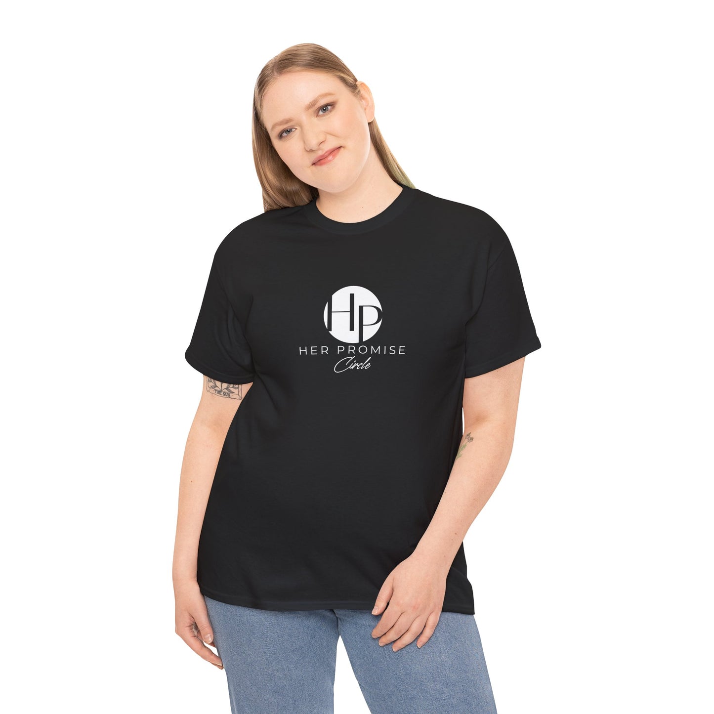 Her Promise Circle Color Logo Tee — Minimalist White Graphic T-Shirt
